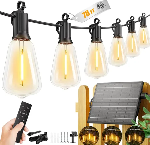 Vista 16 de Brightown Guirnalda de luces solares de 37 pies para exteriores, impermeable, con control remoto, 10+1 bombillas LED inastillables, regulables