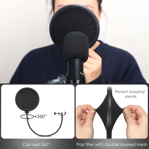 Vista 5 de Sherr Soporte de micrófono de trípode de 4 piezas, altura de brazo ajustable, soporte de micrófono con clip de micrófono y pantalla antiviento