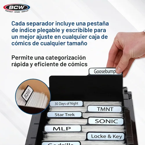 Vista 4 de BCW Separadores para cómics - 25 unidades Separadores de plástico de polietileno archivístico Organiza cómics eficientemente en cajas de Negro