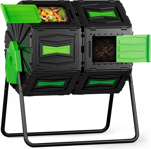 Vista 10 de Tambor de Compost, Fácil de Ensamblar y Eficiente Contenedor de Compost Exterior, 45 Galones/170 Litros Compostador Giratorio Grande de Doble Cámara