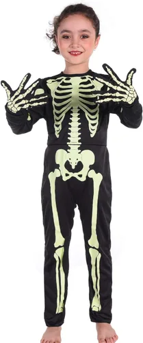 Vista 2 de Disfraz de esqueleto para niños, disfraz de Halloween que brilla en la oscuridad, huesos blancos, traje de cuerpo elástico para niños y niñas