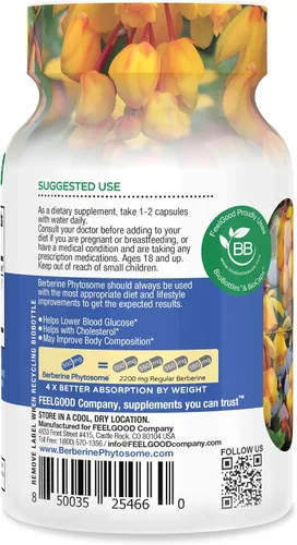Vista 3 de Feelgood Company - Berberina - Alta absorción - equivalente a 2200 mg - Suplemento herbario - Baja glucosa en sangre - Ayuda al colesterol - 60