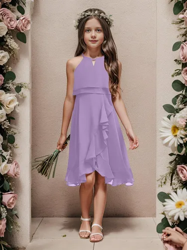 Vista 3 de Vestido de dama de honor para niños, de gasa, con cuello halter, acampanado, elegante, para boda, de 5 a 14 años
