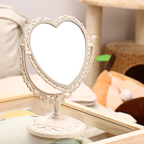 Vista 6 de Beaupretty Espejo de pie doble para maquillaje con rotación de 360 grados, parte superior de mesa en forma de corazón, espejo giratorio cosmético
