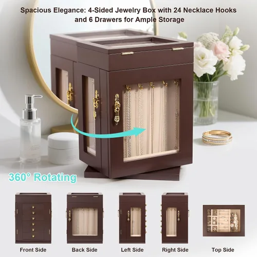 Vista 5 de Kendal Joyero giratorio de 360, joyero de madera para mujer, regalo de graduación, organizador sólido de joyería, regalos del día de la madre