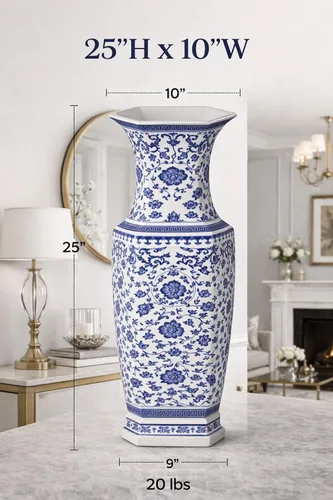 Vista 5 de 24" clásico azul y blanco hexagonal Lotus porcelana jarrón, jarrón de cerámica Jingdezhen, estilo Qing de China (D8)