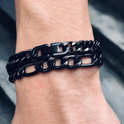 Vista 5 de Collar de pulsera Figaro de eslabones cubanos de 3 piezas, plata dorada y negra, resistente acero inoxidable 316L, cadena Figaro de eslabones