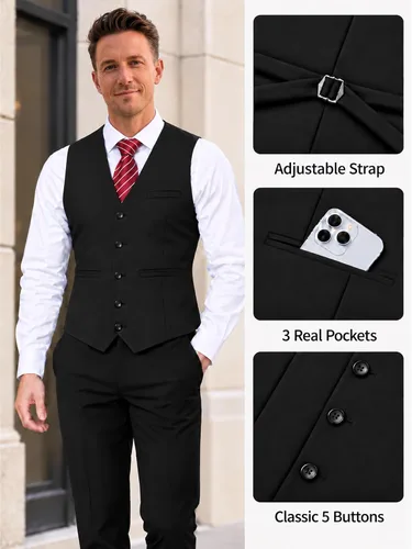 Vista 2 de Chalecos formales de negocios para hombre, 5 botones, ajuste regular, chaleco para traje o esmoquin Negro
