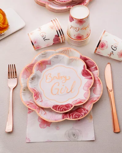 Vista 6 de Decoraciones para Baby Shower Girl - Juego de platos, tazas y servilletas para baby shower, sirven 24, platos festoneados florales rosas