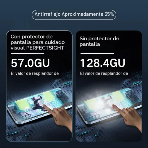 Vista 4 de PERFECTSIGHT Sapphire - Protector de pantalla antideslumbrante y antiluz azul, diseñado para iPhone 14 Pro Max, protección ocular de vidrio templado