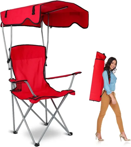Vista 11 de TeqHome Silla de campamento con toldo de sombra, silla de césped plegable resistente con soporte para tazas, protección solar UPF 50+, silla