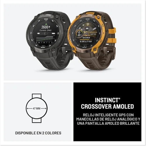 Vista 7 de Garmin Instinct® Crossover AMOLED, resistente reloj inteligente híbrido con GPS con manecillas de reloj analógicas y pantalla AMOLED brillante