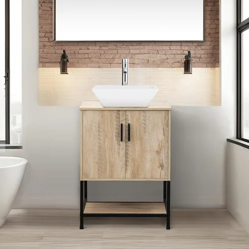 Vista 18 de UEV Juego de tocador de baño antiguo de 24 pulgadas, color marrón oscuro con lavabo, armario de baño de madera de hierro con grifo de temperatura
