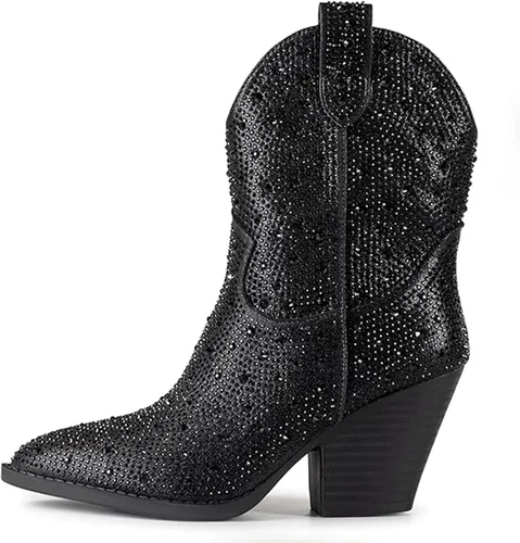 Vista 4 de Trary Botas vaqueras occidentales para mujer, puntera puntiaguda, tacón bajo, botas de tobillo de meter, botas de vaquero de moda para conciertos