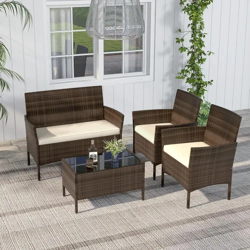 Vista 8 de RELAX4LIFE Juego de muebles de patio de 4 piezas – Juego de muebles de ratán para conversación al aire libre con cojines, mesa de centro de cristal