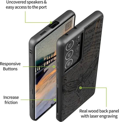 Vista 9 de Carveit Funda de madera para Galaxy S21 Ultra (madera maciza y TPU suave negro), a prueba de golpes, funda protectora de madera compatible