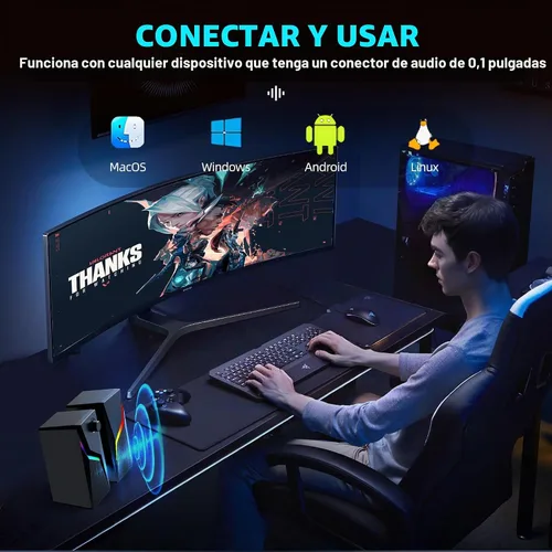 Vista 6 de Altavoces de computadora para PC de escritorio, alimentados por USB con conexión AUX, 6 modos de iluminación RGB, control de perilla de volumen