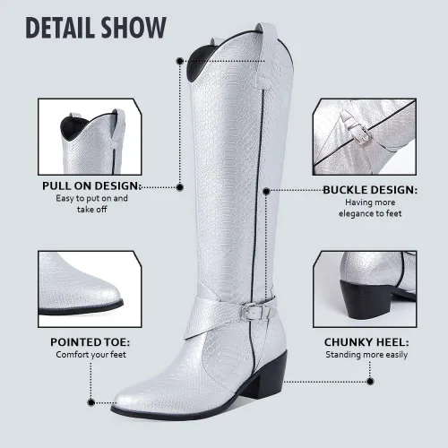 Vista 4 de SaraIris Botas vaqueras para mujer, botas vaqueras de tacón grueso, punta puntiaguda, botas bordadas hasta la rodilla, botas altas de media