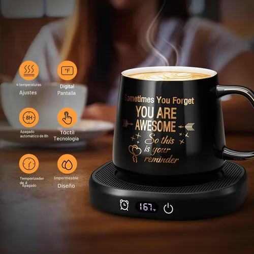 Vista 2 de Juego de Taza de Café Calentador y Eres Increíble, Calentador de Tazas Eléctrico para Escritorio, Calentador de Bebidas con 4 Ajustes
