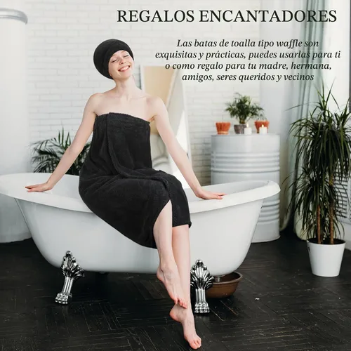 Vista 7 de Kinlop - Juego de 4 toallas de spa M para mujer, bata de gofre con tapa Negro