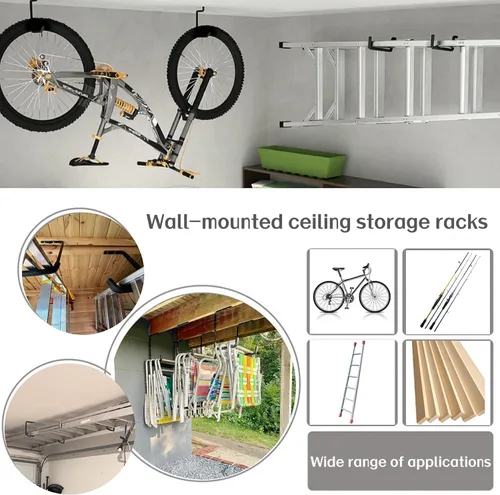 Vista 6 de 4 ganchos de garaje montados en el techo, estante de almacenamiento de garaje superior, perchas de escalera para herramientas de bicicleta de madera