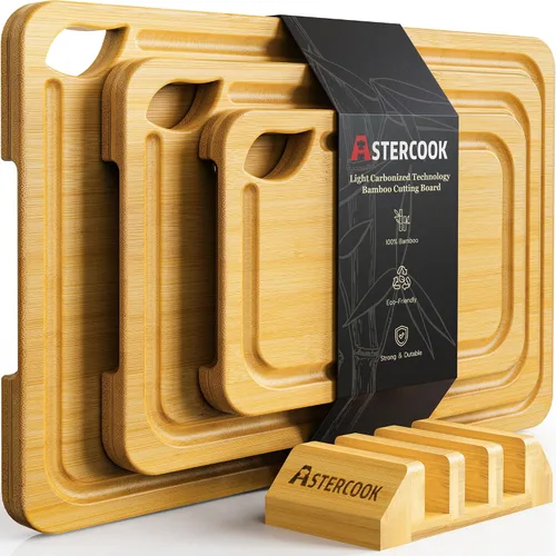 Vista 10 de Astercook Tablas de cortar de bambú carbonizado profundo para cocina con soporte de almacenamiento de madera, charcutería reversible y tablas