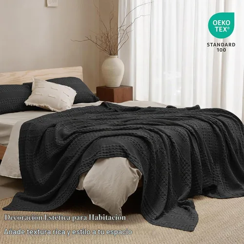 Vista 5 de PHF Lightweight 100% Cotton Waffle Blanket for Bed, Queen, Black 14 negro