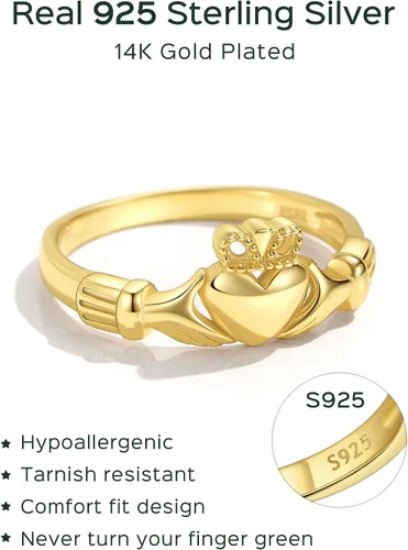 Vista 4 de ChicSilver Anillo Claddagh con nudo celta, plata de ley 925, anillos irlandeses 05. Claddagh-Oro