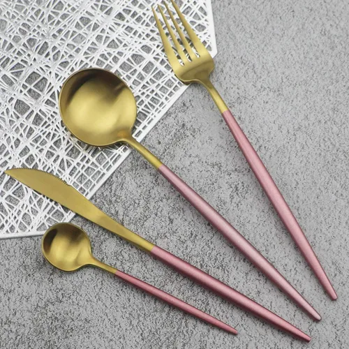 Vista 16 de Juego de cubiertos de oro mate, 5 piezas de acero inoxidable 18/10 con acabado satinado, servicio para 1, cuchara tenedor de cuchillo con pajitas