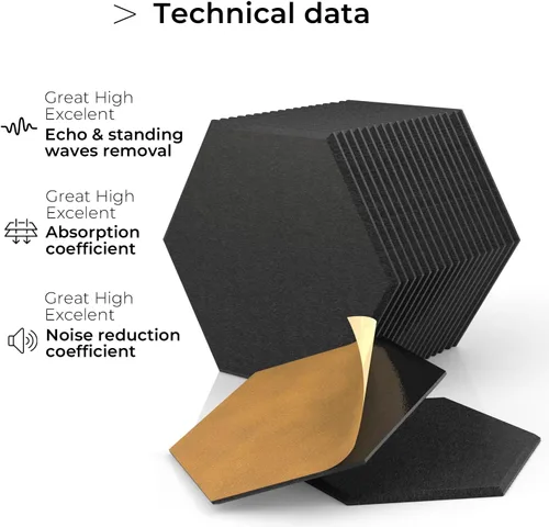 Vista 9 de Paquete de 18 paneles acústicos autoadhesivos hexagonales negros de 12 x 10 x 0.4 pulgadas, paneles de pared insonorizados de alta densidad que