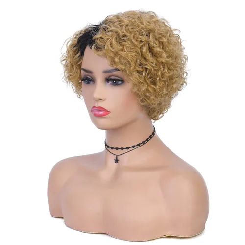 Vista 5 de Quantum Love Pelucas de cabello humano para mujeres negras, peluca de cabello humano corto y rizado con raya lateral, corte Pixie, cabello humano