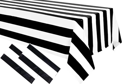 Vista 7 de 1 mantel a rayas blancas y negras de plástico impermeable de 54 x 108 pulgadas, fundas de mesa geométricas a rayas para comedor, campamento, picnic