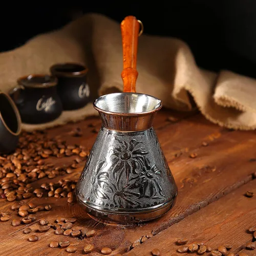 Vista 2 de Cezve Ibrik Briki - Cafetera de cobre de 20 onzas con grabado en árabe, con mango de madera