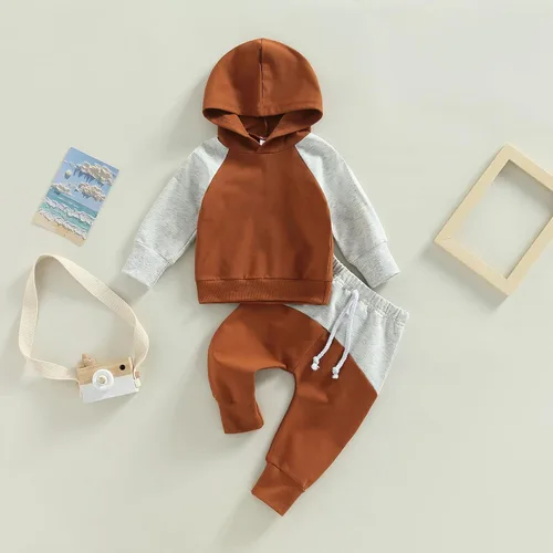 Vista 155 de Ropa de bebé niño 3 6 9 12 18 24M 3T Conjunto de pantalones con capucha patchwork sudadera con capucha pantalones de rayas traje de otoño invierno
