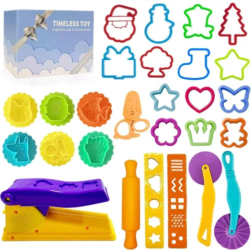 Vista 8 de Juego de herramientas de masa para niños, accesorios de juguete que incluyen sellos, cortador de tijera, moldes de extrusora de rodillos y caja