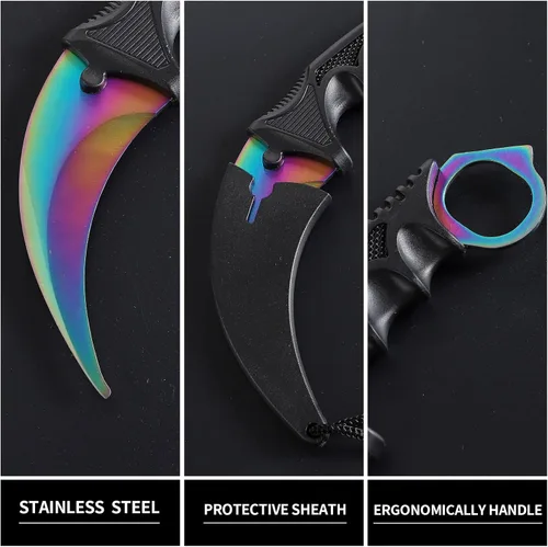 Vista 5 de Karambit - Cuchillo táctico de hoja fija, 2 piezas de acero inoxidable para exteriores, cuchillo de caza con funda y cable, adecuado