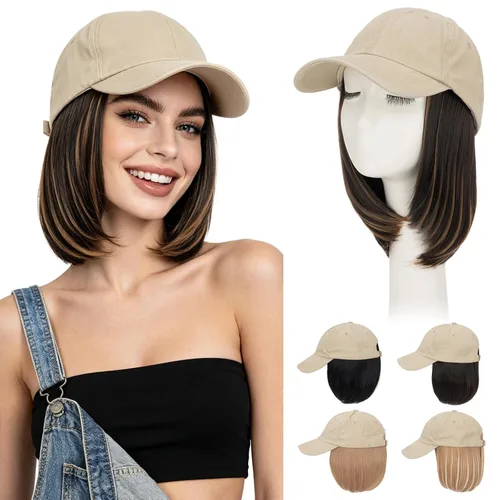 Vista 14 de Hairro Peluca de gorra de béisbol con cabello adjunto, corto estilo Bob ajustable, extensiones de cabello sintético para mujeres, balayage