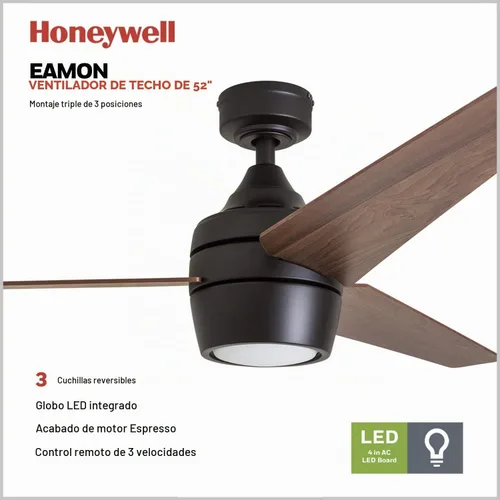 Vista 2 de Honeywell Ventiladores de techo Eamon Modern - Ventilador de techo moderno de 52 pulgadas con luz, control remoto, ventilador LED para interiores