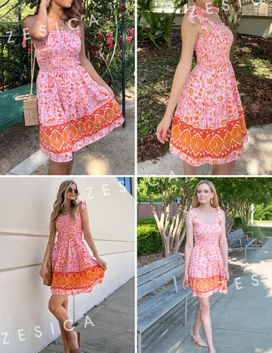 Vista 6 de ZESICA Vestido corto de playa con estampado floral bohemio de verano 2023 para mujer con tirantes delgados cuello cuadrado volantes acampanado
