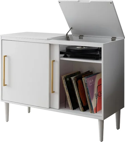 Vista 12 de Consola de medios y soporte para tocadiscos Crosley Furniture Everett con almacenamiento para discos de vinilo, color Avellano Acorn