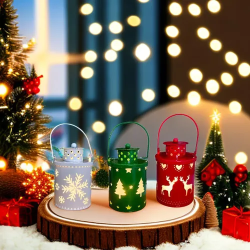 Vista 8 de YBB Juego de 3 linternas decorativas de Navidad, linternas de vela sin llama, operadas por batería, colgantes, de metal, con LED, para centro
