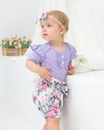 Vista 3 de Mioglrie Conjunto de ropa para bebé recién nacida, conjunto de pantalones cortos, lindos trajes de verano para bebés, ropa de bebé de algodón