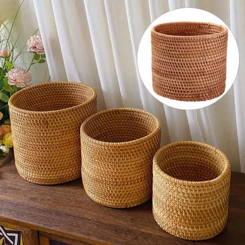 Vista 7 de Mikikit Cesta tejida de ratán extra redonda para almacenamiento de frutas, organizador de acabado de escritorio, diseño rústico natural