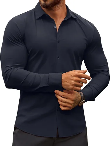 Vista 22 de COOFANDY Camisas de vestir ajustadas para hombre, sin arrugas, manga larga, casuales, con botones