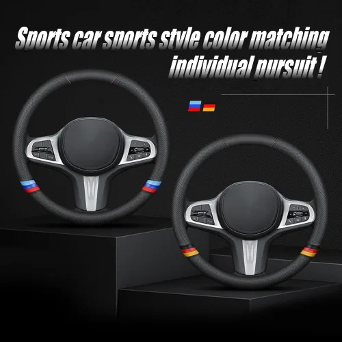 Vista 5 de Funda de cuero de napa para volante de automóvil, cómoda, antideslizante, estilo deportivo. Para fundas de volante de automóvil BMW, color negro