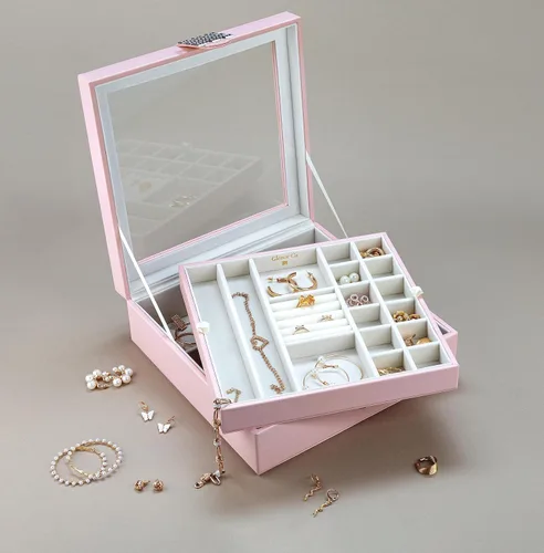 Vista 5 de Glenor Co - Joyero de 28 secciones, cierre magnético de 2 capas y hebilla, parte superior de cristal grande, diseño de cuero, rosa suave