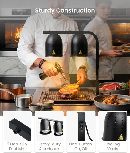 Vista 5 de SYBO DL2112 Lámpara de calor para alimentos de grado comercial, calentador de alimentos eléctrico portátil, 2 bombillas de 500W con soporte Negro