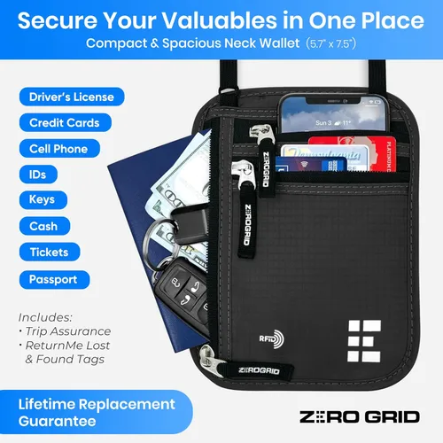 Vista 53 de Cartera para el cuello para viajes y pasaporte con bloqueo RFID, delgada y fácil de ocultar, bolsa de viaje de nailon para hombres y mujeres