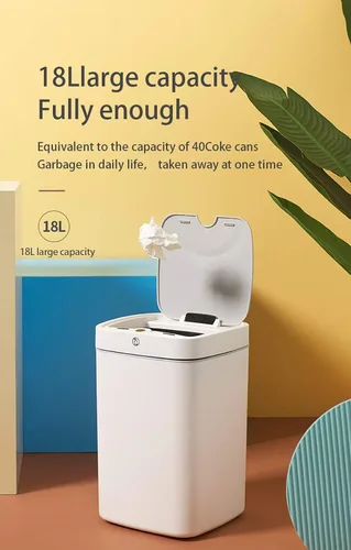 Vista 2 de Bote de basura automático con sensor, cubo de basura de metal de 4.7 galones, sin contacto, automático blanco perla para oficina y baño