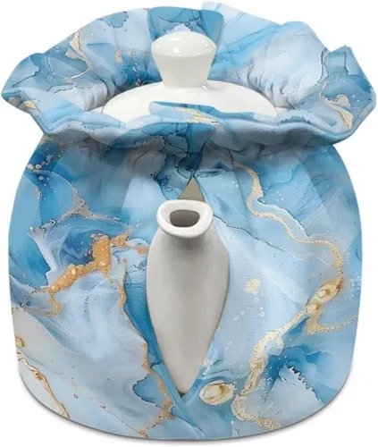 Vista 2 de Tetera aislada de mármol azul, cubierta antipolvo, resistente a las manchas, tetera acogedora para el desayuno, calentador de té, colcha